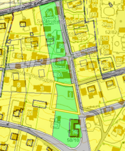 Skjermdump fra Grimstad kommunes kartløsning som viser reguleringsplanen og ortofoto.