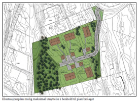 (32) Illustrasjonen viser fem tomter med én enebolig og ett garasjebygg på hver tomt, samt én avkjørsel til hver tomt. Det fremgår av bildeteksten at illustrasjonen angir «mulig maksimal utnyttelse». 