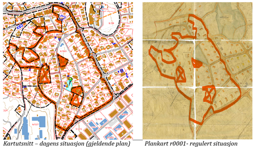 Kartutsnitt som viser dagens situasjon (gjeldende plan) til venstre og regulert situasjon til høyre